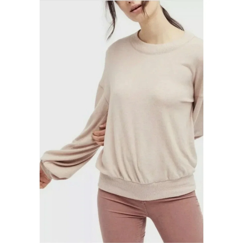 Free People Beach TGIF Sweater Long Balloon Sleeve Stretch Tan Blush Pink Small